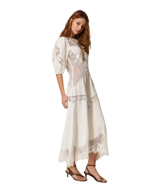 Twinset abito lungo in misto lino con ricami floreale