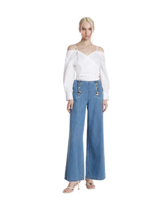 Simona Corsellini Pantalone denim con bottoni oro