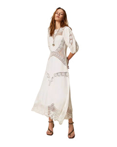 Twinset abito lungo in misto lino con ricami floreale