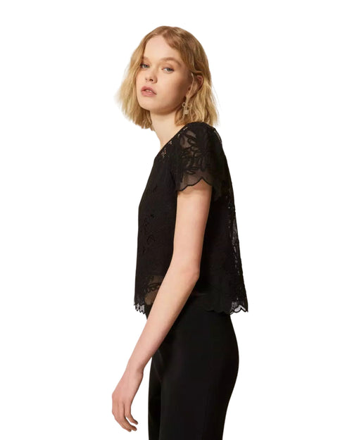 Twinset Blusa meza manica in cotone con ricami