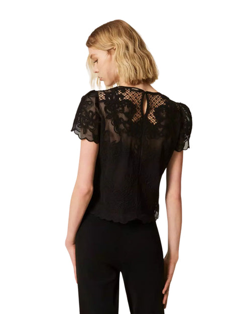 Twinset Blusa meza manica in cotone con ricami