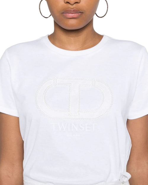 T-shirt girocollo con logo in micro perle Twinset 242TT2460