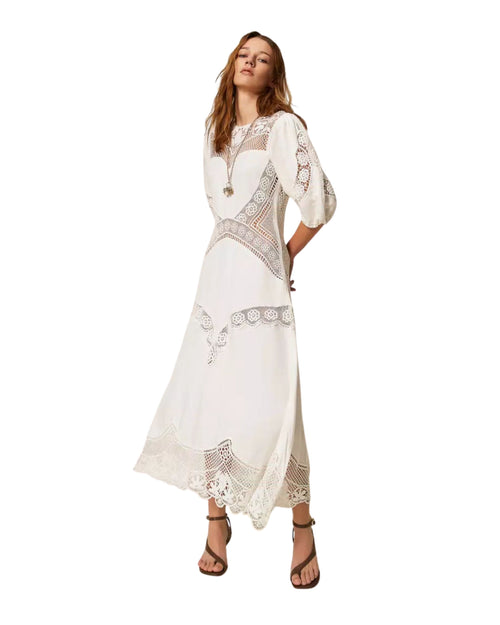 Twinset abito lungo in misto lino con ricami floreale